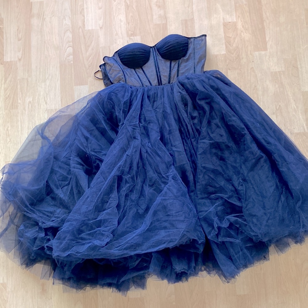 Blue tule corset tea-length dress